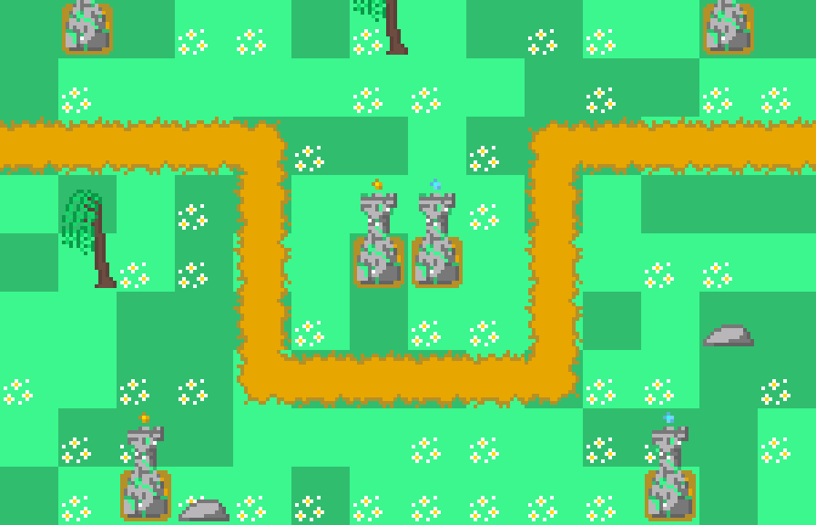 A tower-defense map assembled from 16-pixel tiles: grass, a winding dirt path, stone towers