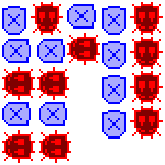 Player figures: blue X for the PC, red spiky virus