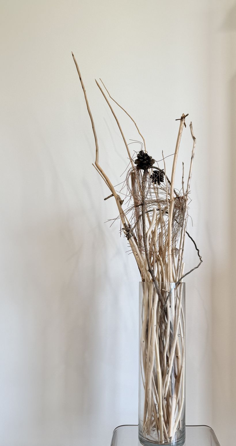 A tall glass vase full of peeled sticks